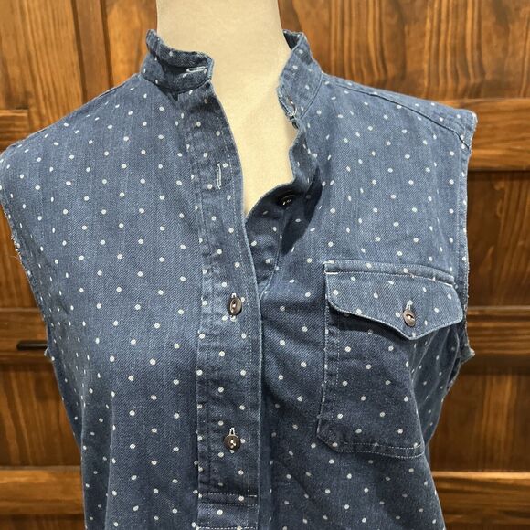 LRL Lauren Jeans Tunic Shirt Women S Sleeveless Polka Dot Denim Button Chambray - Picture 5 of 16